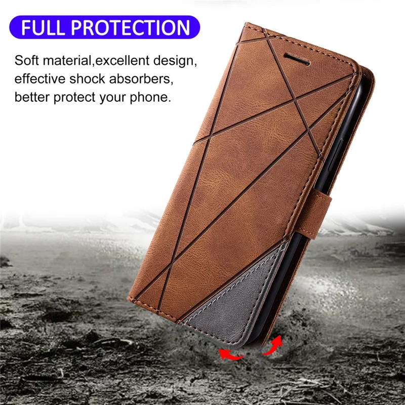 For iPhone 11 Pro Max Case Splicing PU Leather Phone Wallet Cover Lines Imprinted - Brown