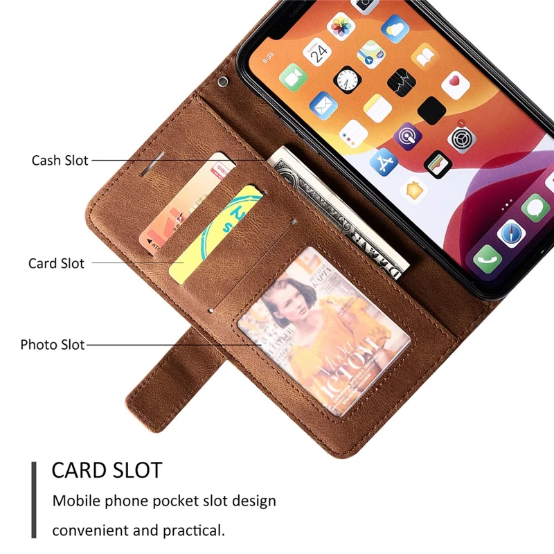 For iPhone 11 Pro Max Case Splicing PU Leather Phone Wallet Cover Lines Imprinted - Brown