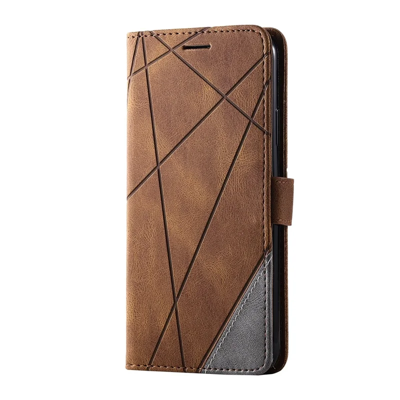 For iPhone 11 Pro Max Case Splicing PU Leather Phone Wallet Cover Lines Imprinted - Brown