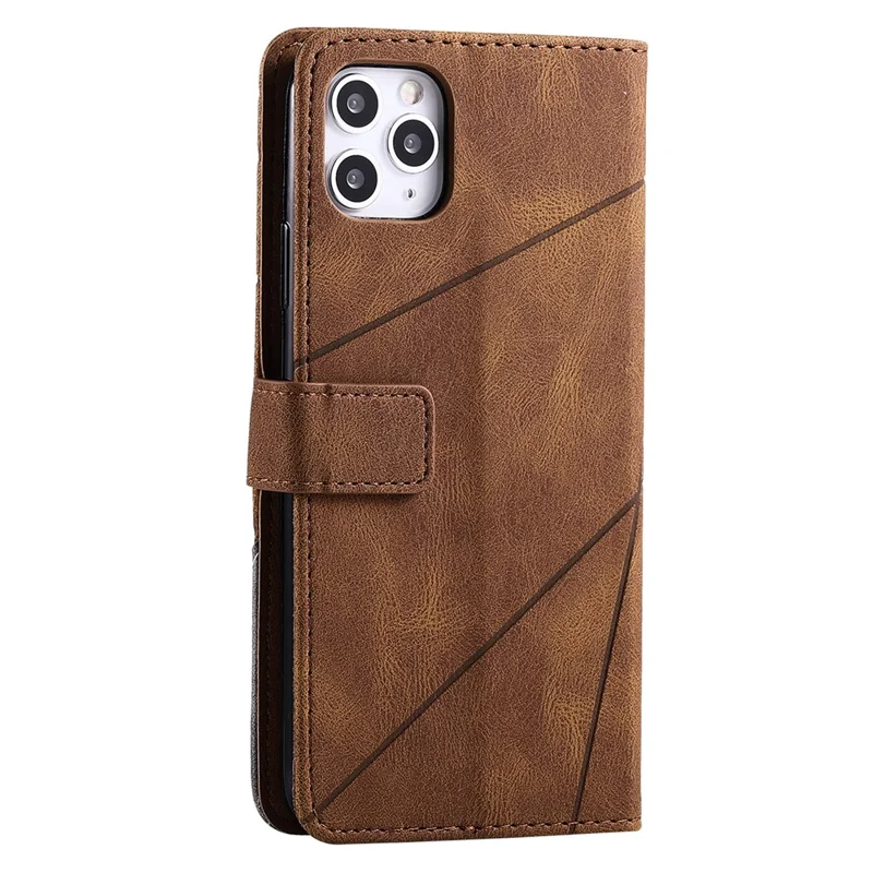 For iPhone 11 Pro Max Case Splicing PU Leather Phone Wallet Cover Lines Imprinted - Brown
