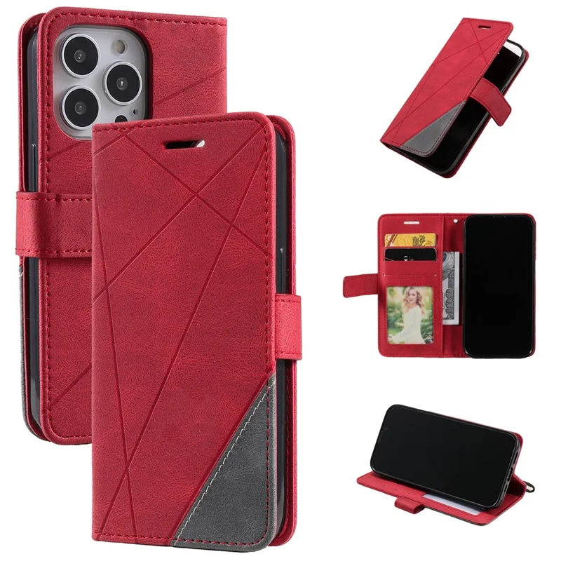 For iPhone 15 Pro Magnetic Case Splicing Design Wallet Stand Phone Cover - Red