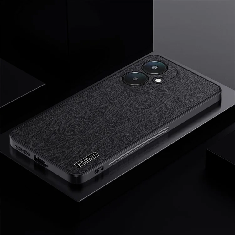 Für Xiaomi Redmi 13C 5G / 13R 5G / Poco M6 5G Hülle Leder+PC+TPU Holzmaserung Handyhülle - Schwarz