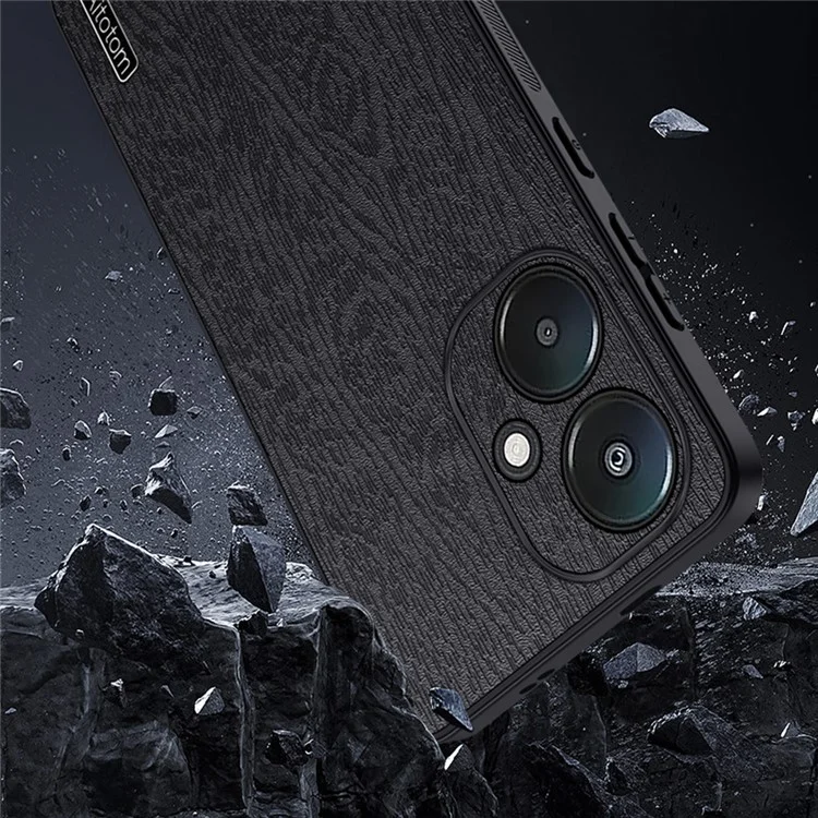 Für Xiaomi Redmi 13C 5G / 13R 5G / Poco M6 5G Hülle Leder+PC+TPU Holzmaserung Handyhülle - Schwarz