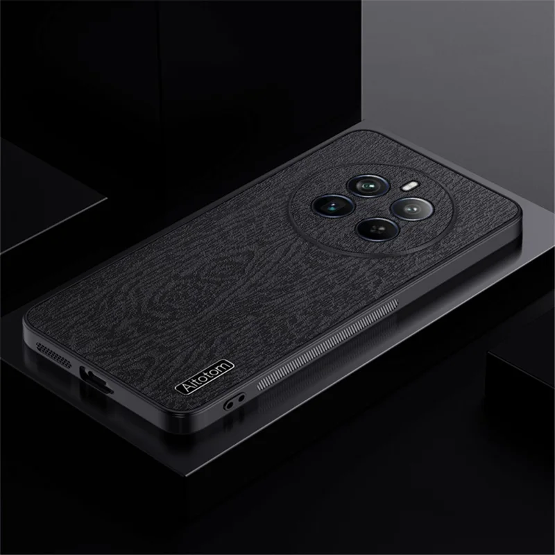 For Realme 12 4G / 12+ 5G Shockproof Case Leather+PC+TPU Wood Texture Phone Cover - Black