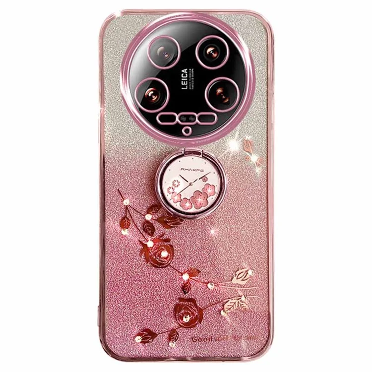 KADEM Pour Xiaomi 14 Ultra Coque Kickstand Rhinestone Fleur Anti-Rayures Coque de Téléphone TPU - Or Rose
