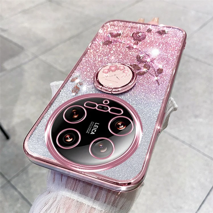 KADEM Pour Xiaomi 14 Ultra Coque Kickstand Rhinestone Fleur Anti-Rayures Coque de Téléphone TPU - Or Rose