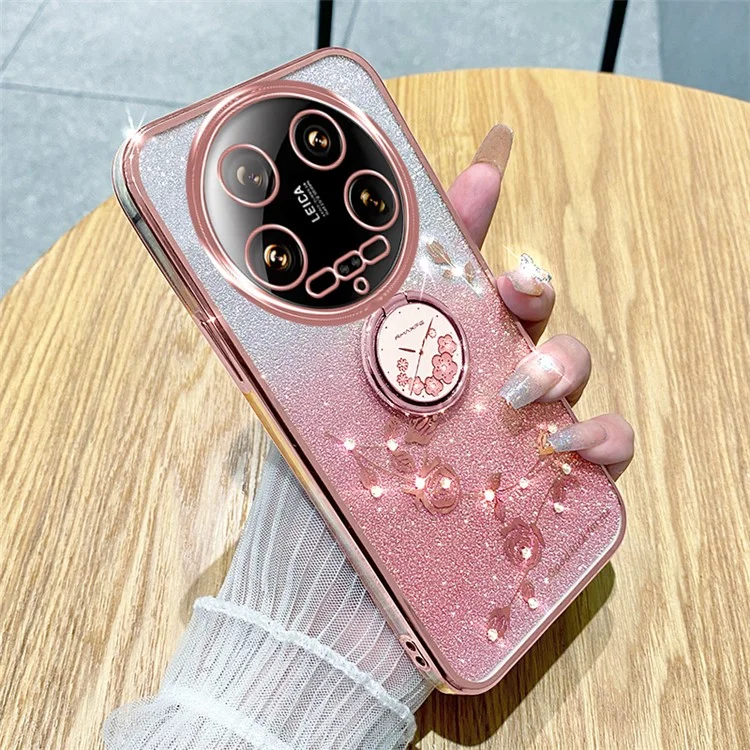 KADEM Pour Xiaomi 14 Ultra Coque Kickstand Rhinestone Fleur Anti-Rayures Coque de Téléphone TPU - Or Rose