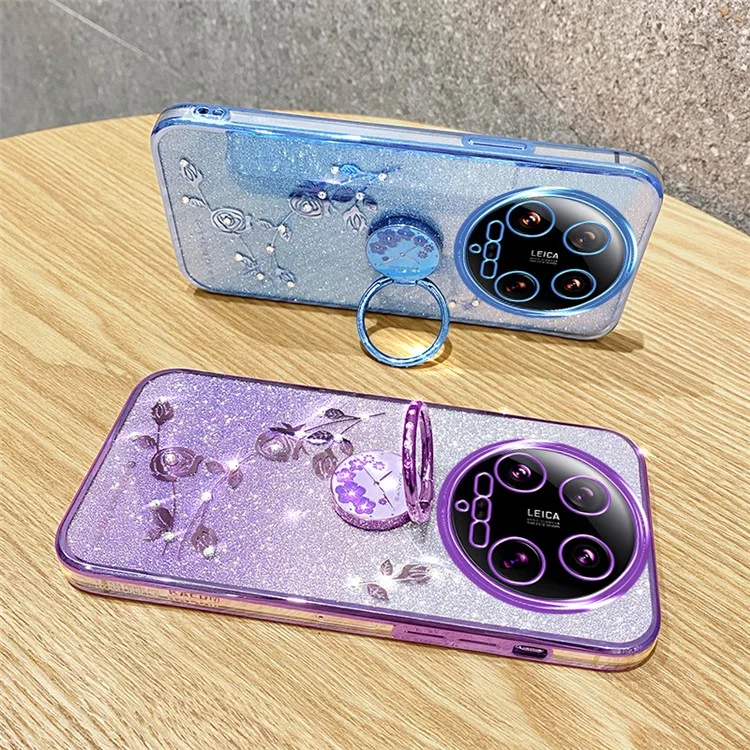 KADEM Pour Xiaomi 14 Ultra Coque Kickstand Rhinestone Fleur Anti-Rayures Coque de Téléphone TPU - Or Rose