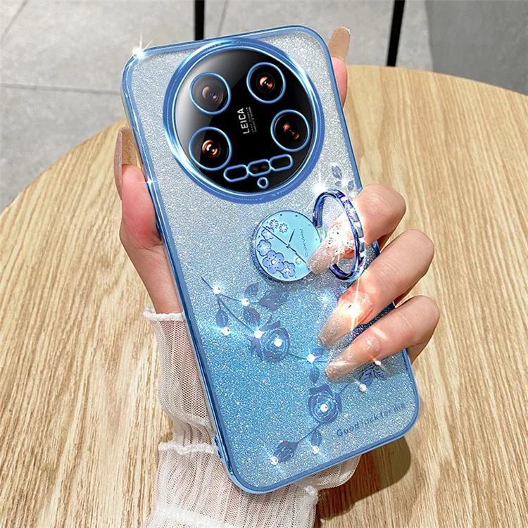 KADEM Pour Xiaomi 14 Ultra Coque Kickstand Rhinestone Fleur Anti-Rayures Coque de Téléphone TPU - Or Rose