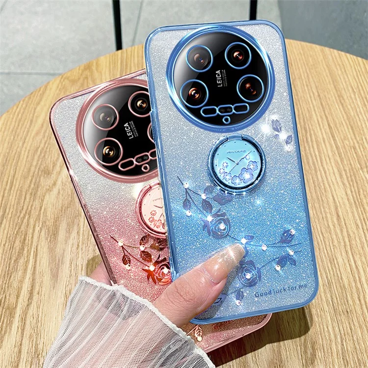 KADEM Pour Xiaomi 14 Ultra Coque Kickstand Rhinestone Fleur Anti-Rayures Coque de Téléphone TPU - Or Rose