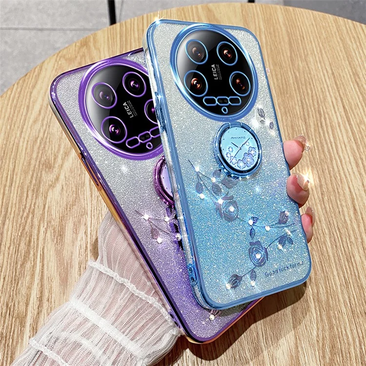 KADEM Pour Xiaomi 14 Ultra Coque Kickstand Rhinestone Fleur Anti-Rayures Coque de Téléphone TPU - Or Rose