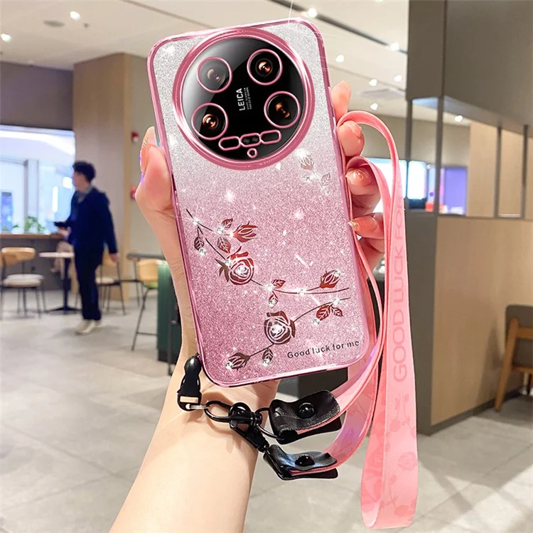 KADEM Para Xiaomi 14 Ultra Carcasa Brillo Brillante Suave Cubierta de TPU con Cordón - Oro Rosa