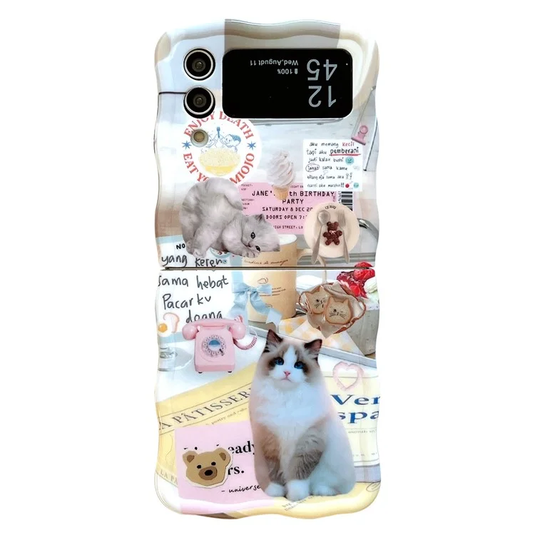 Für Galaxy Z Flip4 5G Case IMD Katzen-Muster Wellenränder Harte PC-Handyhülle