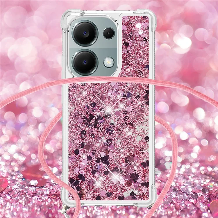 Série Quicksand YB-4 para Xiaomi Redmi Note 13 Pro 4G / Poco M6 Pro 4G Capa de TPU Quicksand Cover com Cordão - Rose Gold / Corações