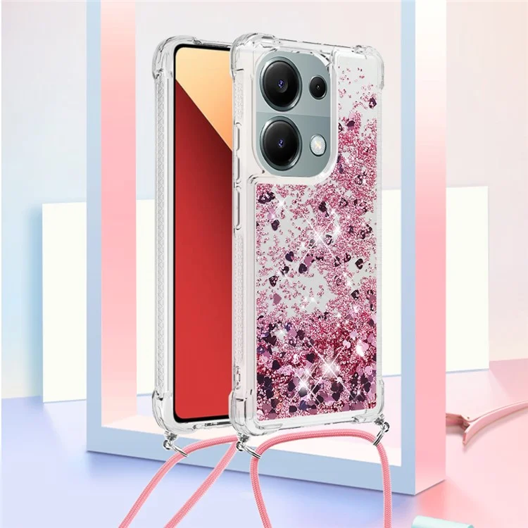 Série Quicksand YB-4 para Xiaomi Redmi Note 13 Pro 4G / Poco M6 Pro 4G Capa de TPU Quicksand Cover com Cordão - Rose Gold / Corações