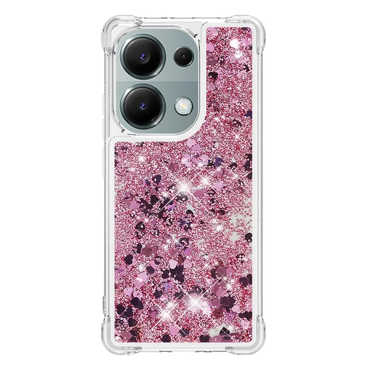 YB Quicksand Series-1 Para Xiaomi Redmi Note 13 Pro 4G / Poco M6 Pro 4G TPU Case de Lentejuelas Brillantes Tubo de Teléfono Flotante - Oro Rosa / Corazones