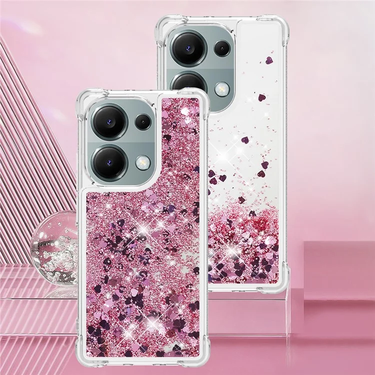 YB Quicksand Series-1 Para Xiaomi Redmi Nota 13 Pro 4g / Poco M6 Pro 4G TPU Case Shiny Liginas Tampa Flutuante de Telefone - Rosa Ouro / Corações