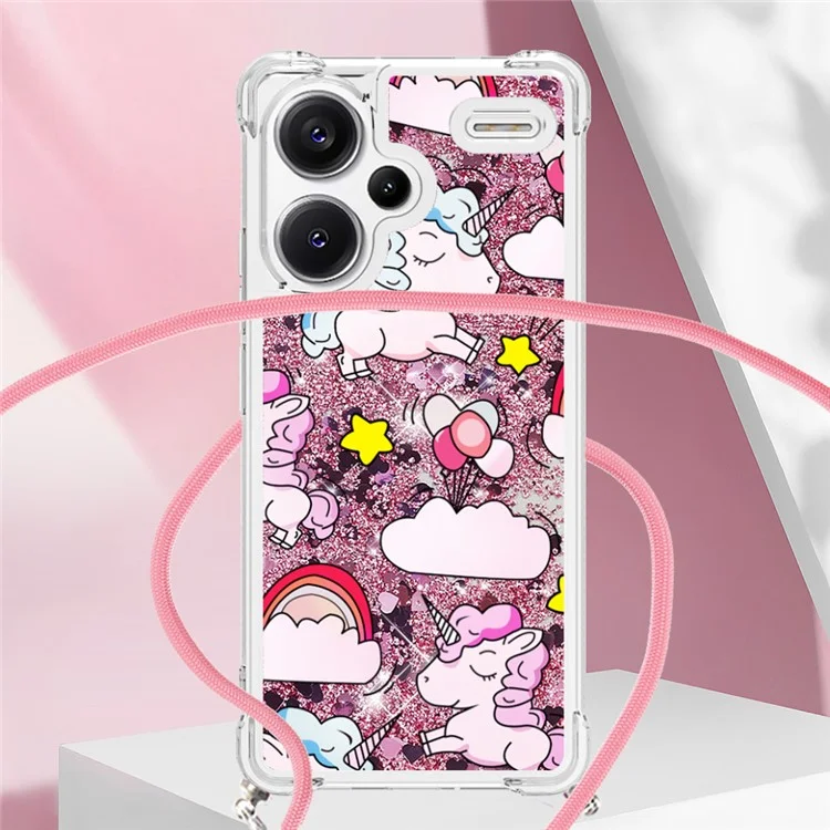 For Xiaomi Redmi Note 13 Pro+ 5G TPU Case with Lanyard Quicksand Pattern Print Phone Cover - Cute Horse and Clouds