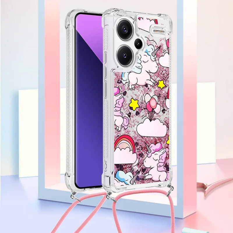 For Xiaomi Redmi Note 13 Pro+ 5G TPU Case with Lanyard Quicksand Pattern Print Phone Cover - Cute Horse and Clouds