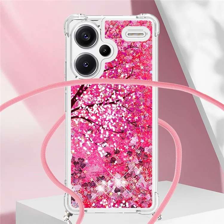 For Xiaomi Redmi Note 13 Pro+ 5G TPU Case with Lanyard Quicksand Pattern Print Phone Cover - Cherry Blossom