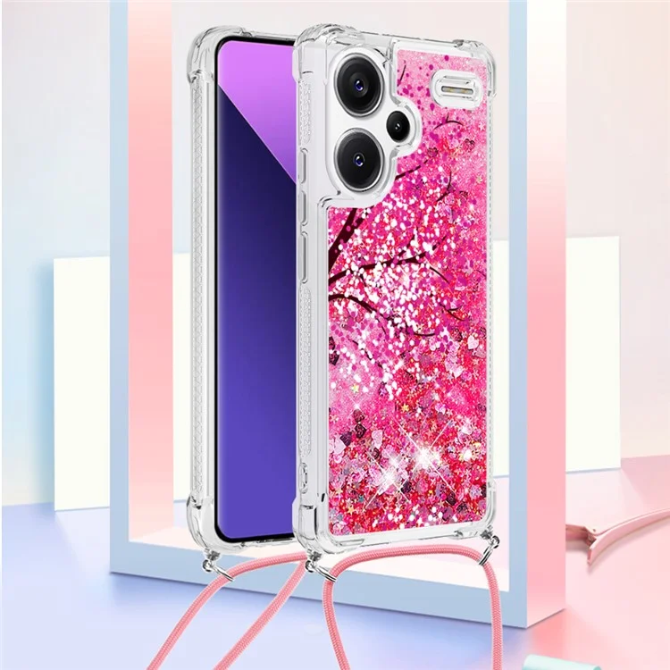 For Xiaomi Redmi Note 13 Pro+ 5G TPU Case with Lanyard Quicksand Pattern Print Phone Cover - Cherry Blossom