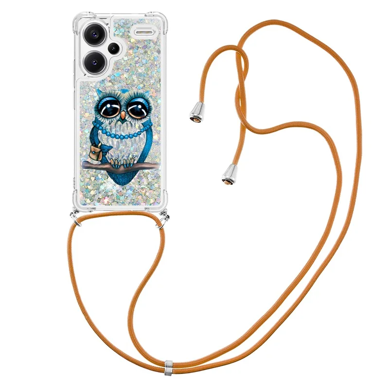 For Xiaomi Redmi Note 13 Pro+ 5G TPU Case with Lanyard Quicksand Pattern Print Phone Cover - Owl