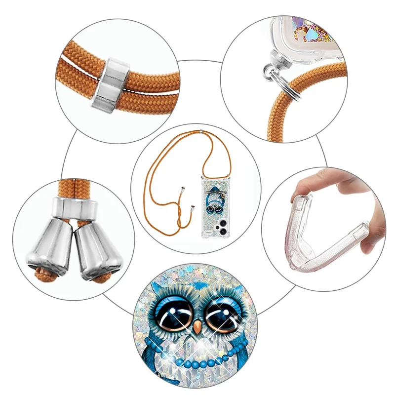 For Xiaomi Redmi Note 13 Pro+ 5G TPU Case with Lanyard Quicksand Pattern Print Phone Cover - Owl