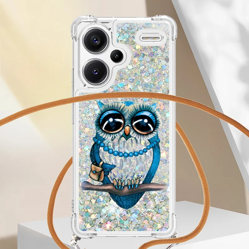 For Xiaomi Redmi Note 13 Pro+ 5G TPU Case with Lanyard Quicksand Pattern Print Phone Cover - Owl