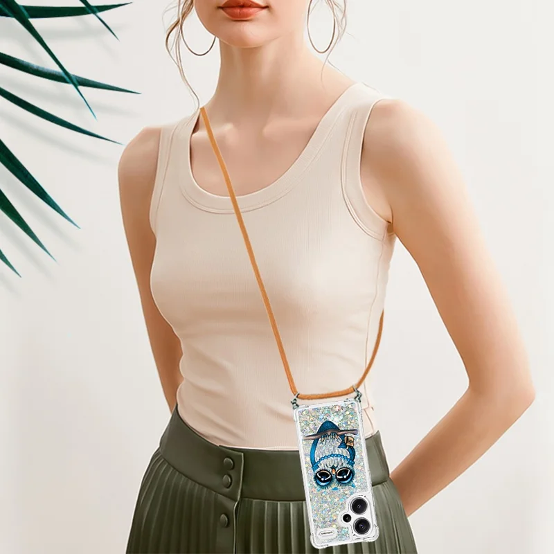 For Xiaomi Redmi Note 13 Pro+ 5G TPU Case with Lanyard Quicksand Pattern Print Phone Cover - Owl