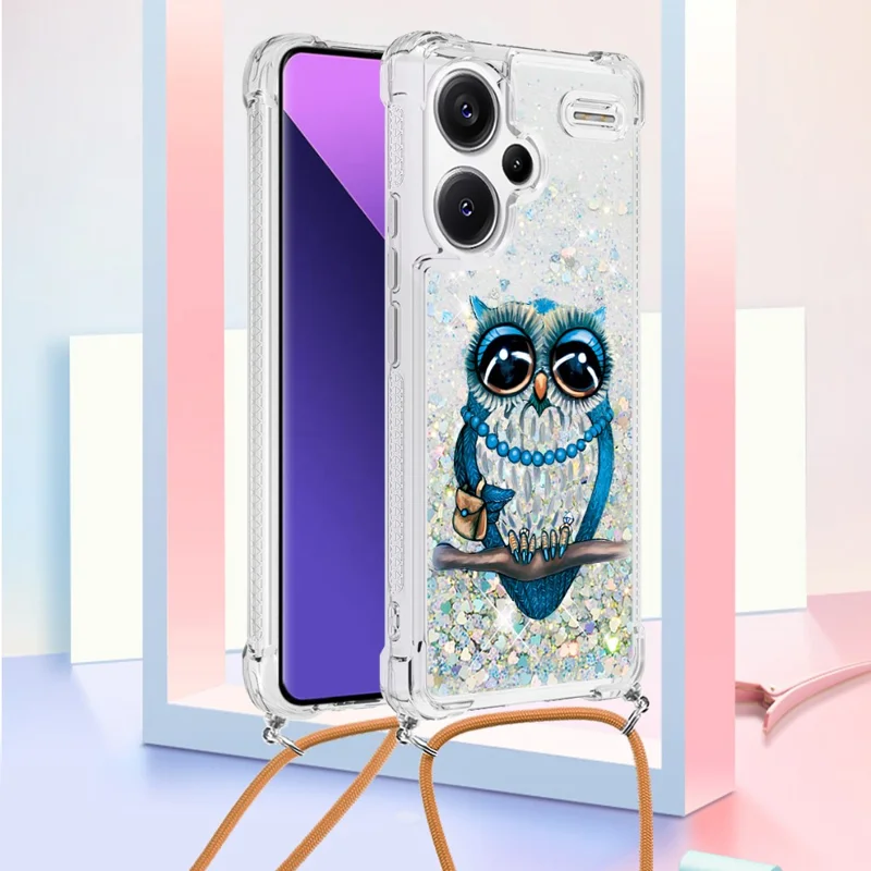 For Xiaomi Redmi Note 13 Pro+ 5G TPU Case with Lanyard Quicksand Pattern Print Phone Cover - Owl