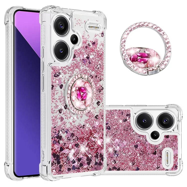 For Xiaomi Redmi Note 13 Pro+ 5G TPU Case with Kickstand Quicksand Shockproof Cover - Rose Gold  /  Hearts