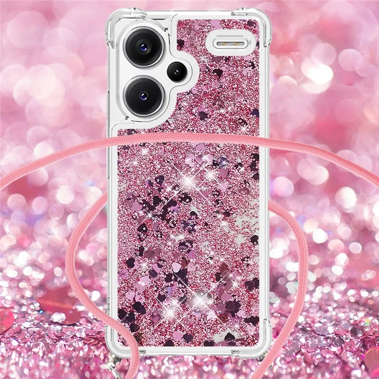 YB Quicksand Series-4 Pour Xiaomi Redmi Note 13 Pro+ 5G Étui Paillettes TPU Sangle Téléphone - Or Rose / Cœurs