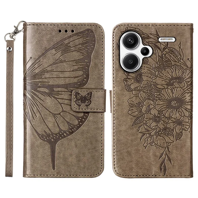 YB Imprinting Series-4 Per Xiaomi Redmi Note 13 Pro+ 5G Custodia a Portafoglio Flip Floreale con Farfalla in Pelle - Grigio
