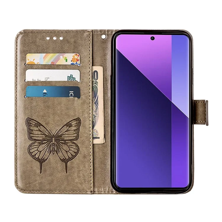 YB Imprinting Series-4 Per Xiaomi Redmi Note 13 Pro+ 5G Custodia a Portafoglio Flip Floreale con Farfalla in Pelle - Grigio