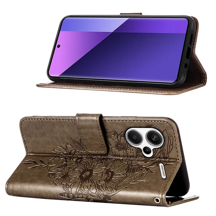 YB Imprinting Series-4 Per Xiaomi Redmi Note 13 Pro+ 5G Custodia a Portafoglio Flip Floreale con Farfalla in Pelle - Grigio