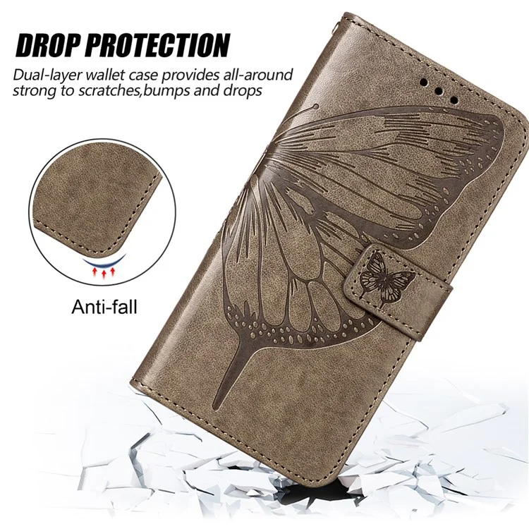 YB Imprinting Series-4 Per Xiaomi Redmi Note 13 Pro+ 5G Custodia a Portafoglio Flip Floreale con Farfalla in Pelle - Grigio