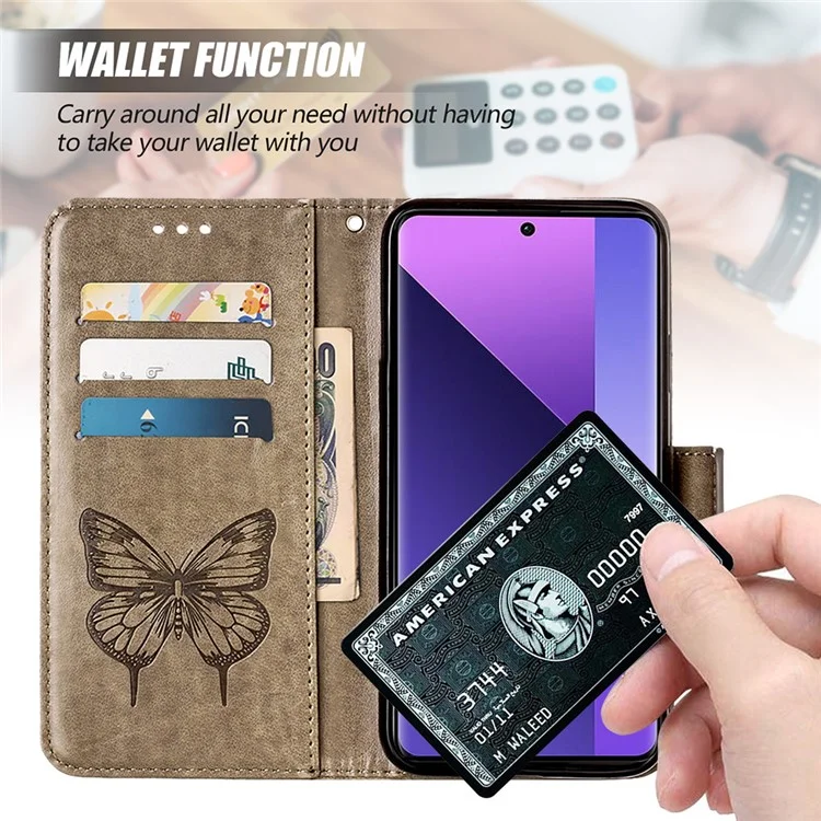 YB Imprinting Series-4 Per Xiaomi Redmi Note 13 Pro+ 5G Custodia a Portafoglio Flip Floreale con Farfalla in Pelle - Grigio