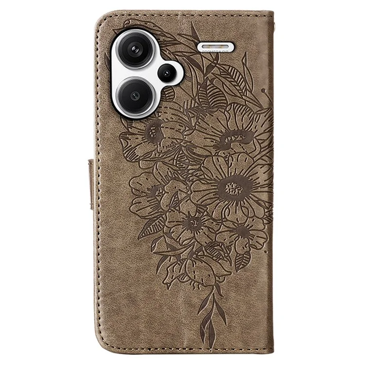 YB Imprinting Series-4 Per Xiaomi Redmi Note 13 Pro+ 5G Custodia a Portafoglio Flip Floreale con Farfalla in Pelle - Grigio
