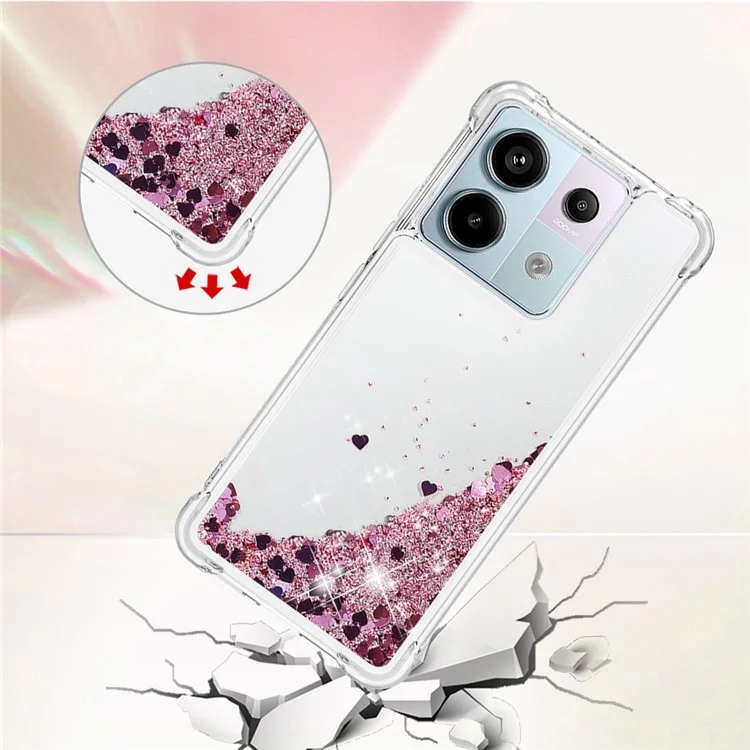 For Xiaomi Redmi Note 13 Pro 5G / Poco X6 5G TPU Case Glitter Quicksand Shockproof Phone Back Cover - Rose Gold  /  Hearts