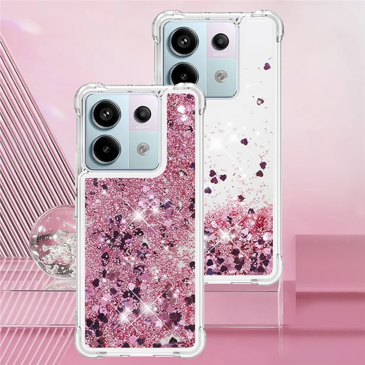 For Xiaomi Redmi Note 13 Pro 5G / Poco X6 5G TPU Case Glitter Quicksand Shockproof Phone Back Cover - Rose Gold  /  Hearts