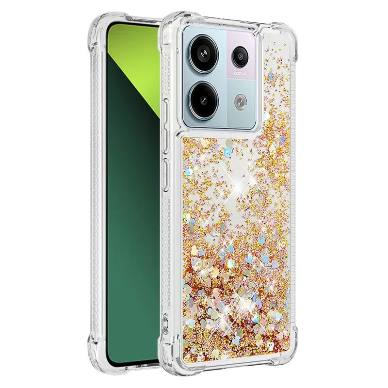 For Xiaomi Redmi Note 13 Pro 5G / Poco X6 5G TPU Case Glitter Quicksand Shockproof Phone Back Cover - Gold  /  Hearts