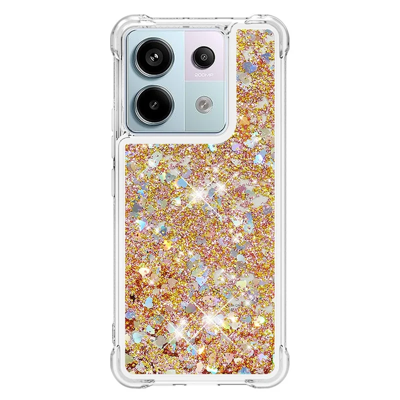 For Xiaomi Redmi Note 13 Pro 5G / Poco X6 5G TPU Case Glitter Quicksand Shockproof Phone Back Cover - Gold  /  Hearts