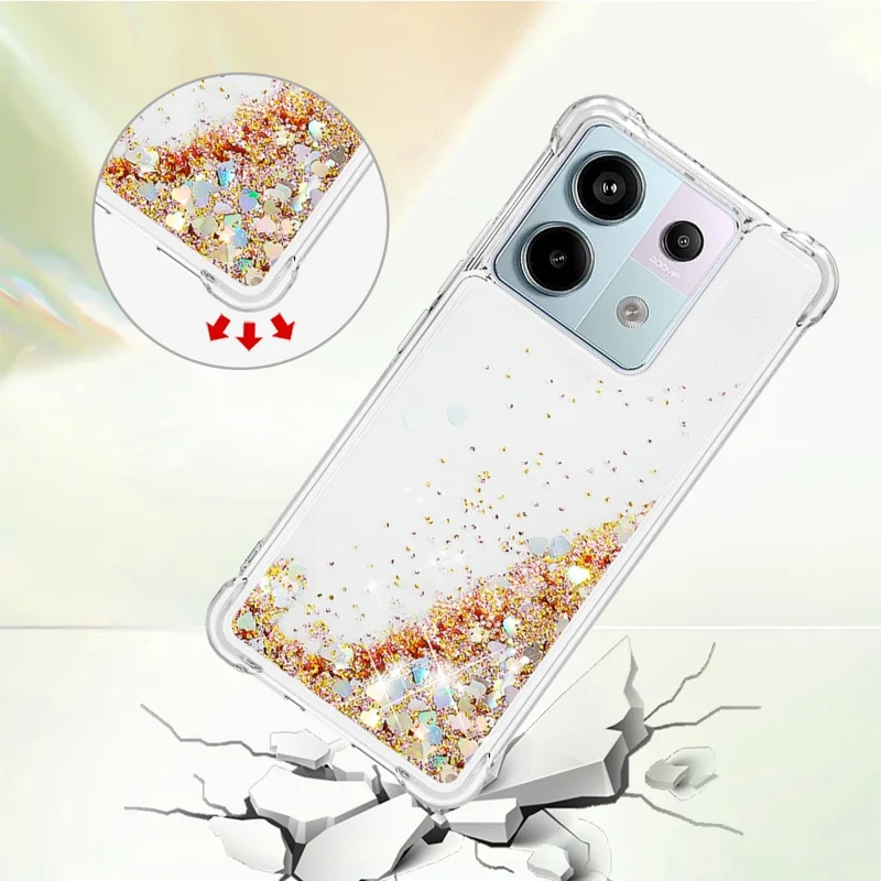 For Xiaomi Redmi Note 13 Pro 5G / Poco X6 5G TPU Case Glitter Quicksand Shockproof Phone Back Cover - Gold  /  Hearts