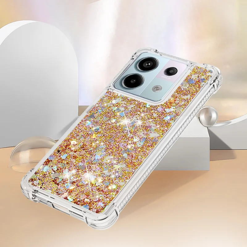 For Xiaomi Redmi Note 13 Pro 5G / Poco X6 5G TPU Case Glitter Quicksand Shockproof Phone Back Cover - Gold  /  Hearts