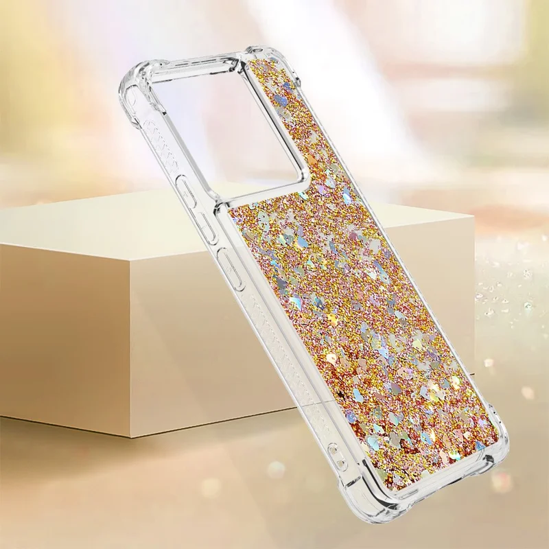 For Xiaomi Redmi Note 13 Pro 5G / Poco X6 5G TPU Case Glitter Quicksand Shockproof Phone Back Cover - Gold  /  Hearts
