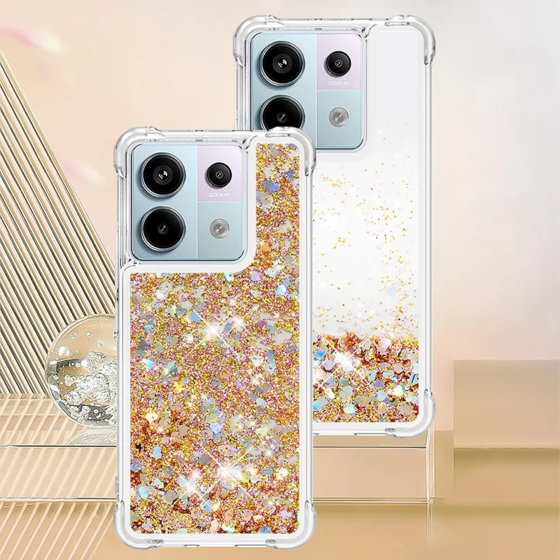 For Xiaomi Redmi Note 13 Pro 5G / Poco X6 5G TPU Case Glitter Quicksand Shockproof Phone Back Cover - Gold  /  Hearts