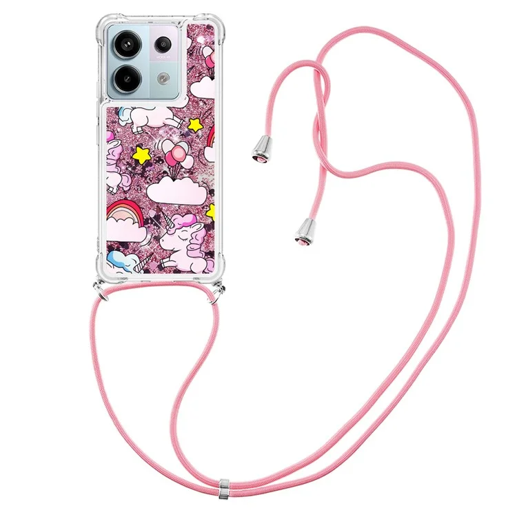 For Xiaomi Redmi Note 13 Pro 5G / Poco X6 5G TPU Case with Lanyard Quicksand Pattern Print Phone Cover - Cute Horse and Clouds
