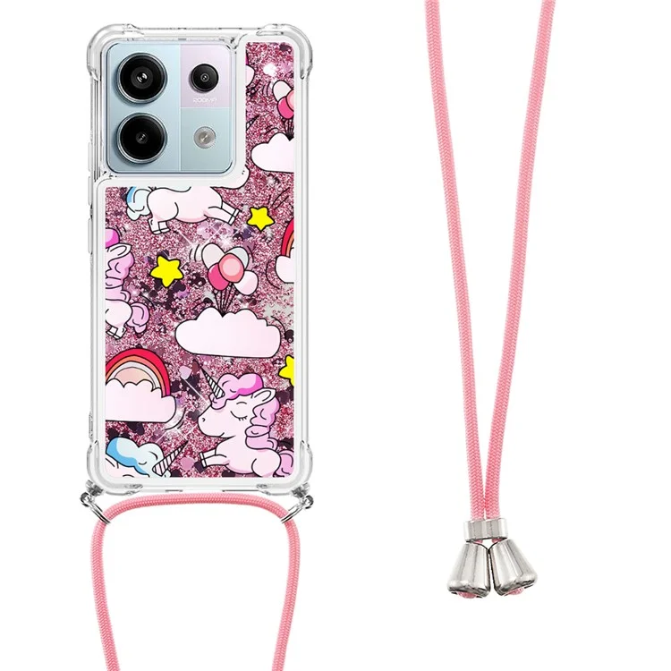 For Xiaomi Redmi Note 13 Pro 5G / Poco X6 5G TPU Case with Lanyard Quicksand Pattern Print Phone Cover - Cute Horse and Clouds