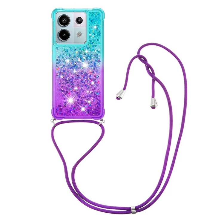 For Xiaomi Redmi Note 13 Pro 5G / Poco X6 5G TPU Case Gradiant Quicksand Shockproof Cover with Lanyard  - Sky Blue+Purple