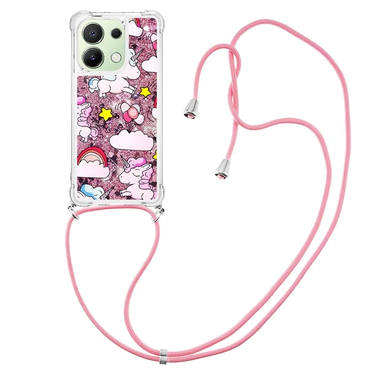 For Xiaomi Redmi Note 13 4G TPU Case with Lanyard Quicksand Pattern Print Phone Cover - Cute Horse and Clouds